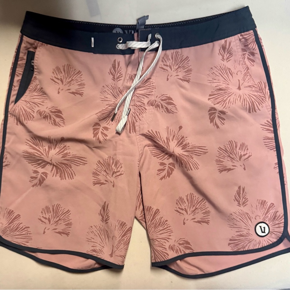 Vuori Light Pink Leaf Print Swim Shorts
